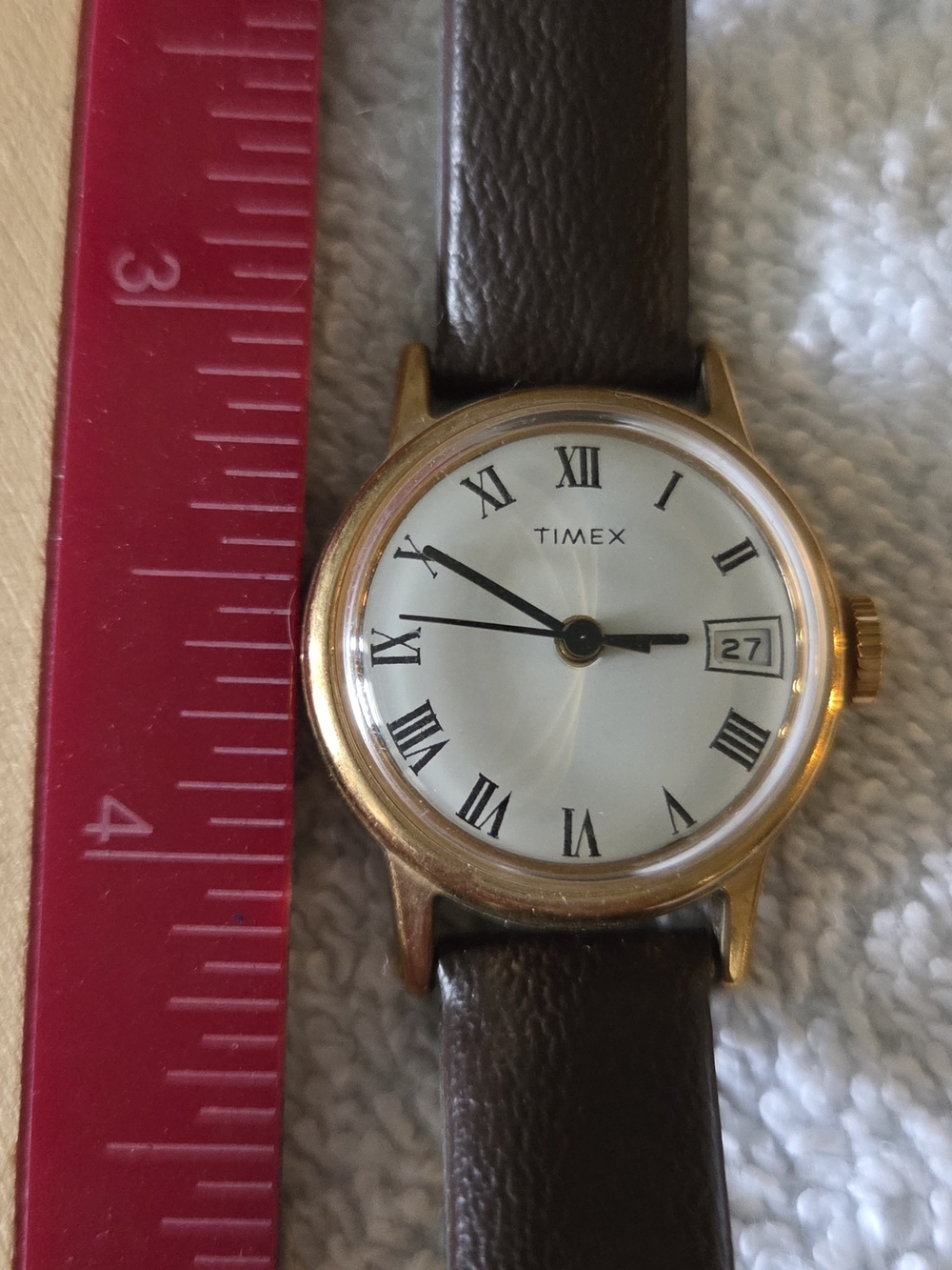 Timex Gold-Tone Round Watch with White Dial and Brown Leather Strap